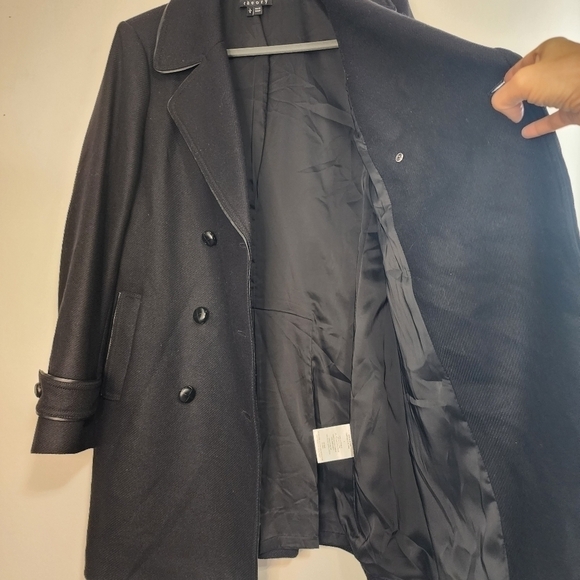 Theory Black Wool Double Breasted Loan Coat Peacoat Contrast Trim - Picture 3 of 12